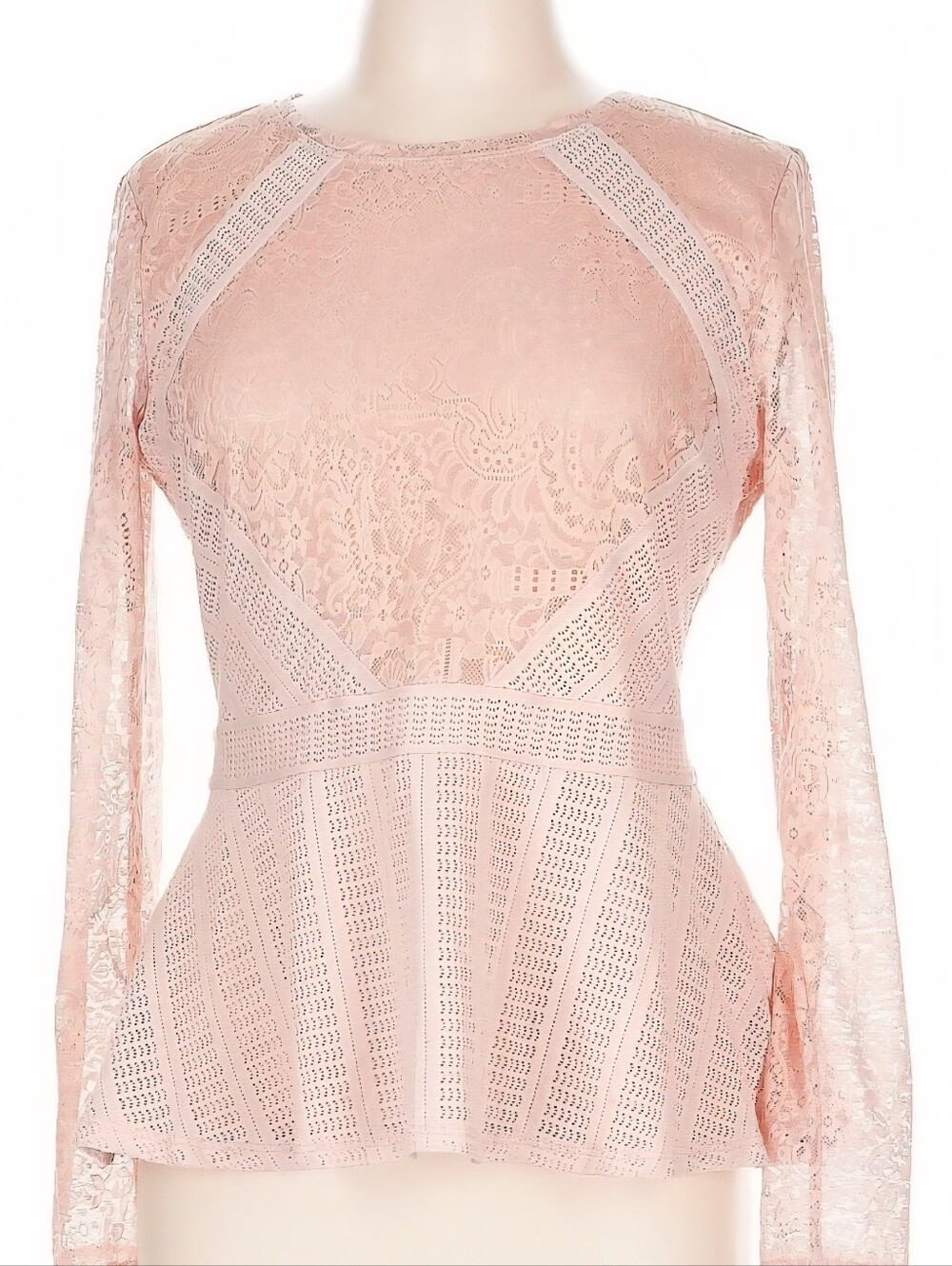 BCBGMAXAZRIA Blush Pink Floral & Eyelet Lace Peplum Blouse‎ L NWOT
